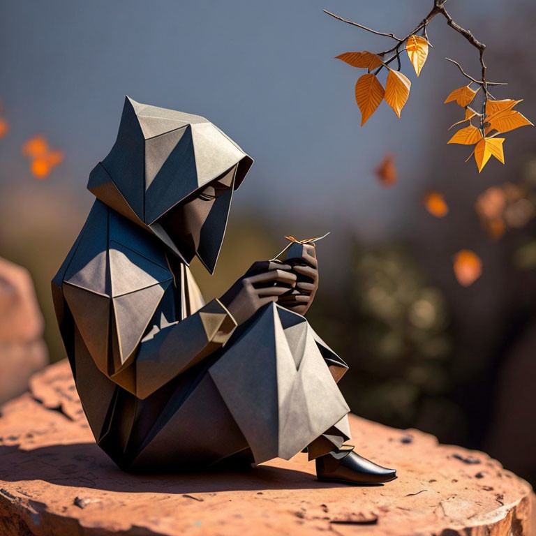 Origami figure of person sitting on rock with autumn leaves and clear sky