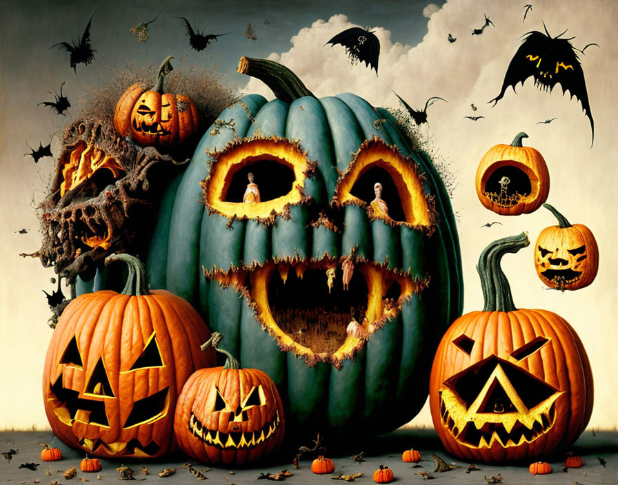 Whimsical Halloween Image with Carved Pumpkins, Spiderwebs, Bats, and Tiny Pump