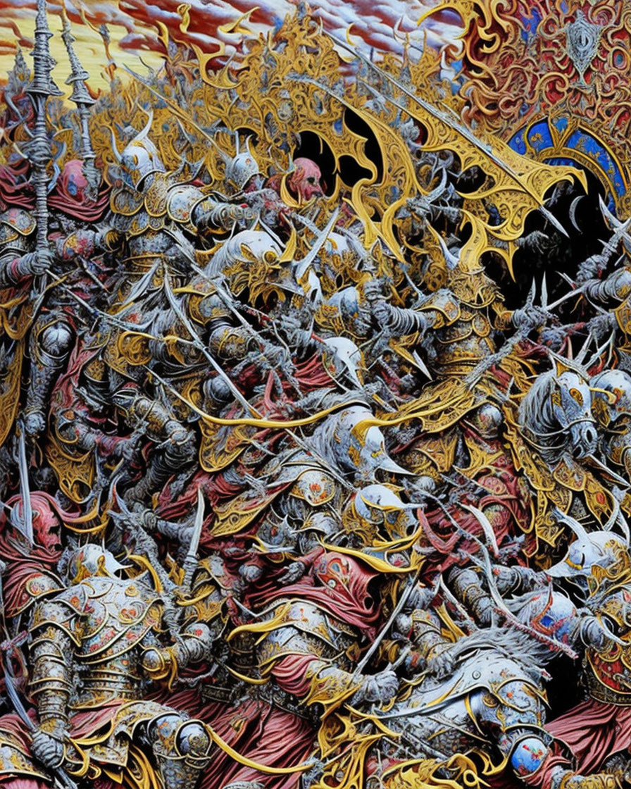 Fantastical artwork of epic battle scene with armored warriors and ornate weapons