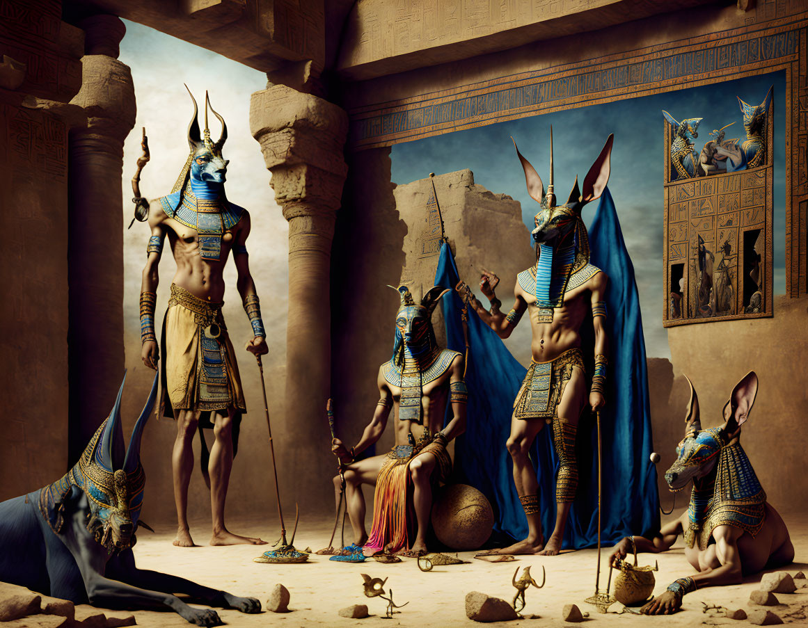 Ancient Egyptian temple scenes with Anubis-headed figures engaging in activities