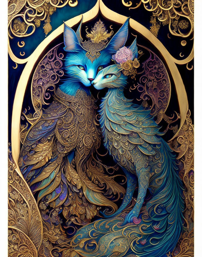 Mythical Blue Fox with Golden Feather-like Fur and Floral Elements