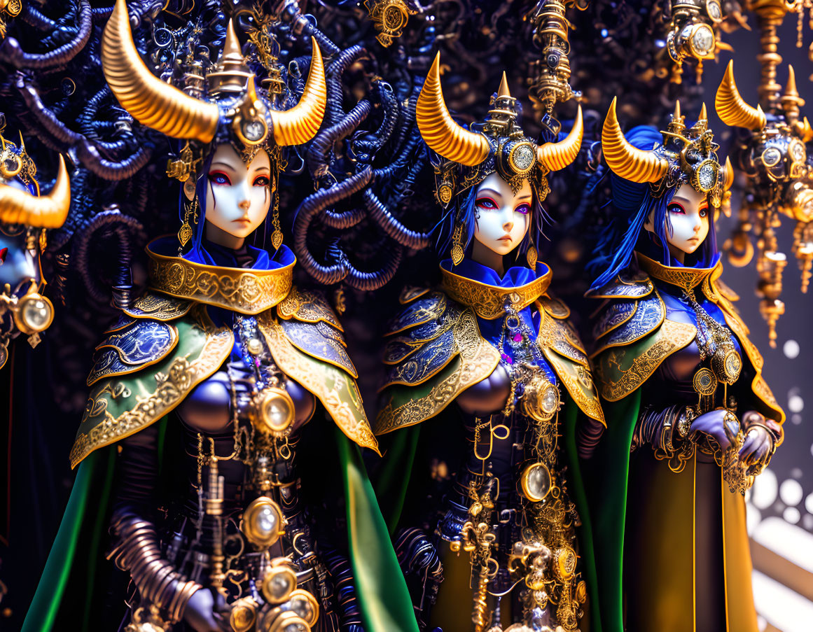 Ornate figurines in blue and gold costumes with crescent moons and jewels