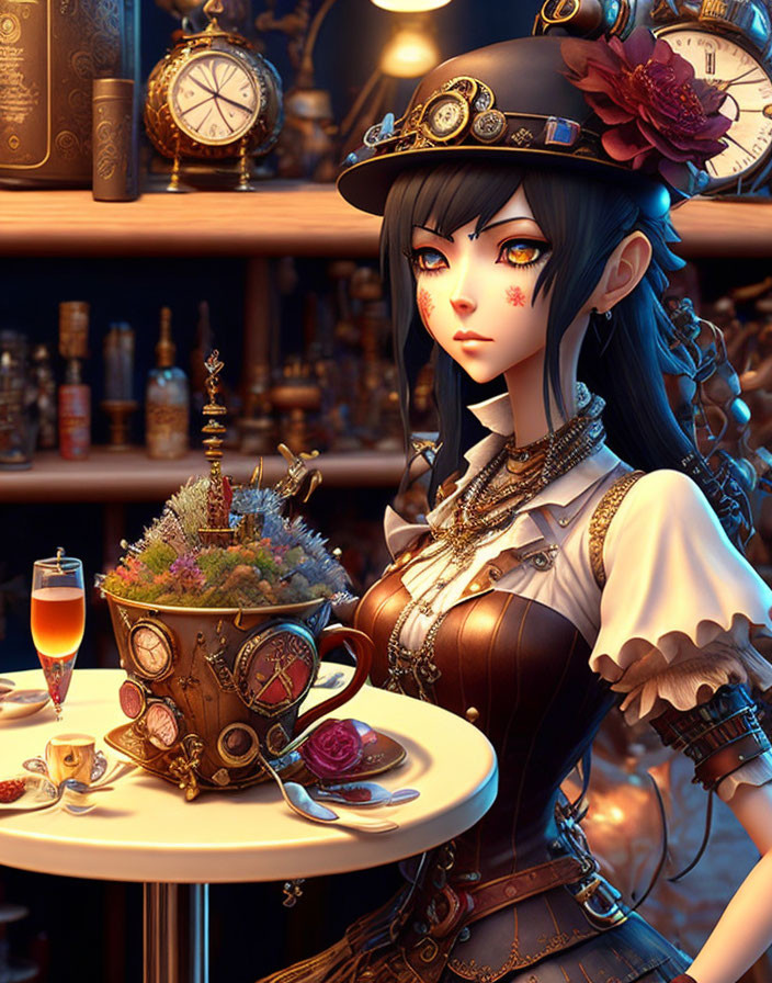 Steampunk-themed animated female character with teacup and vintage items.