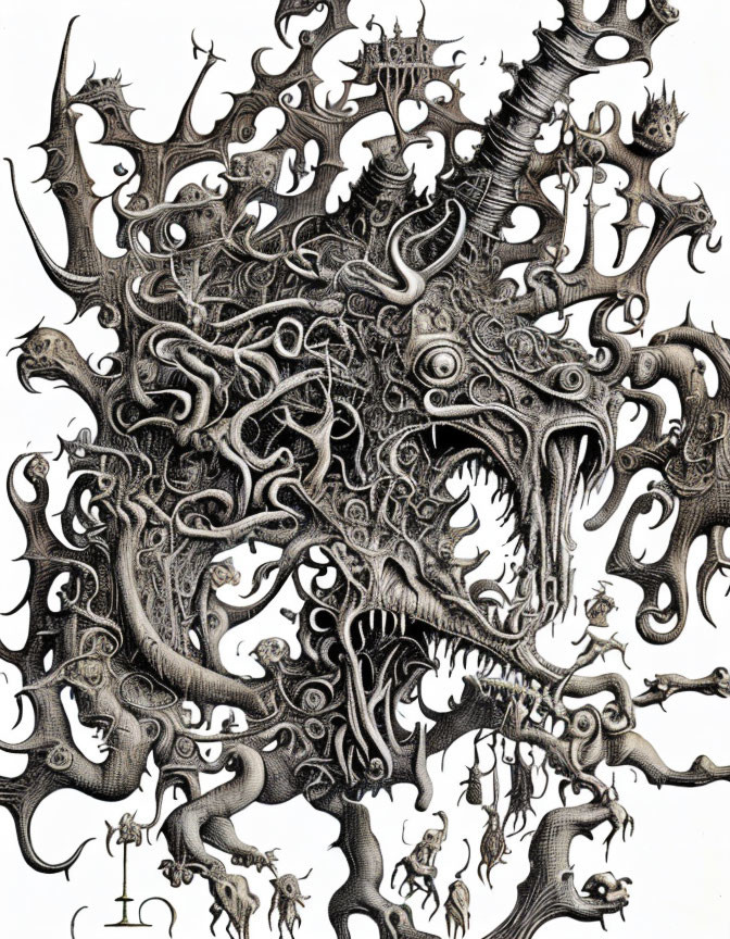 Detailed black-and-white drawing of fantastical creatures in chaotic, ornate composition