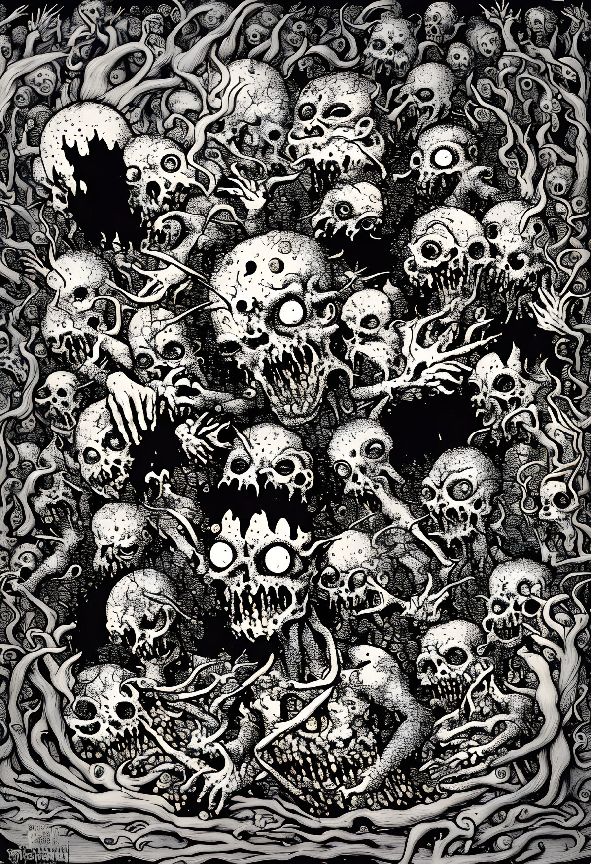 Detailed monochrome illustration of grotesque skeletal figures and phantom-like shapes intertwined in eerie composition