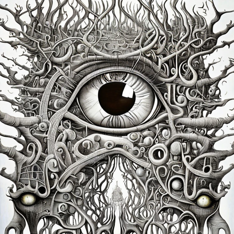 Monochrome surreal illustration of central eye and intricate patterns