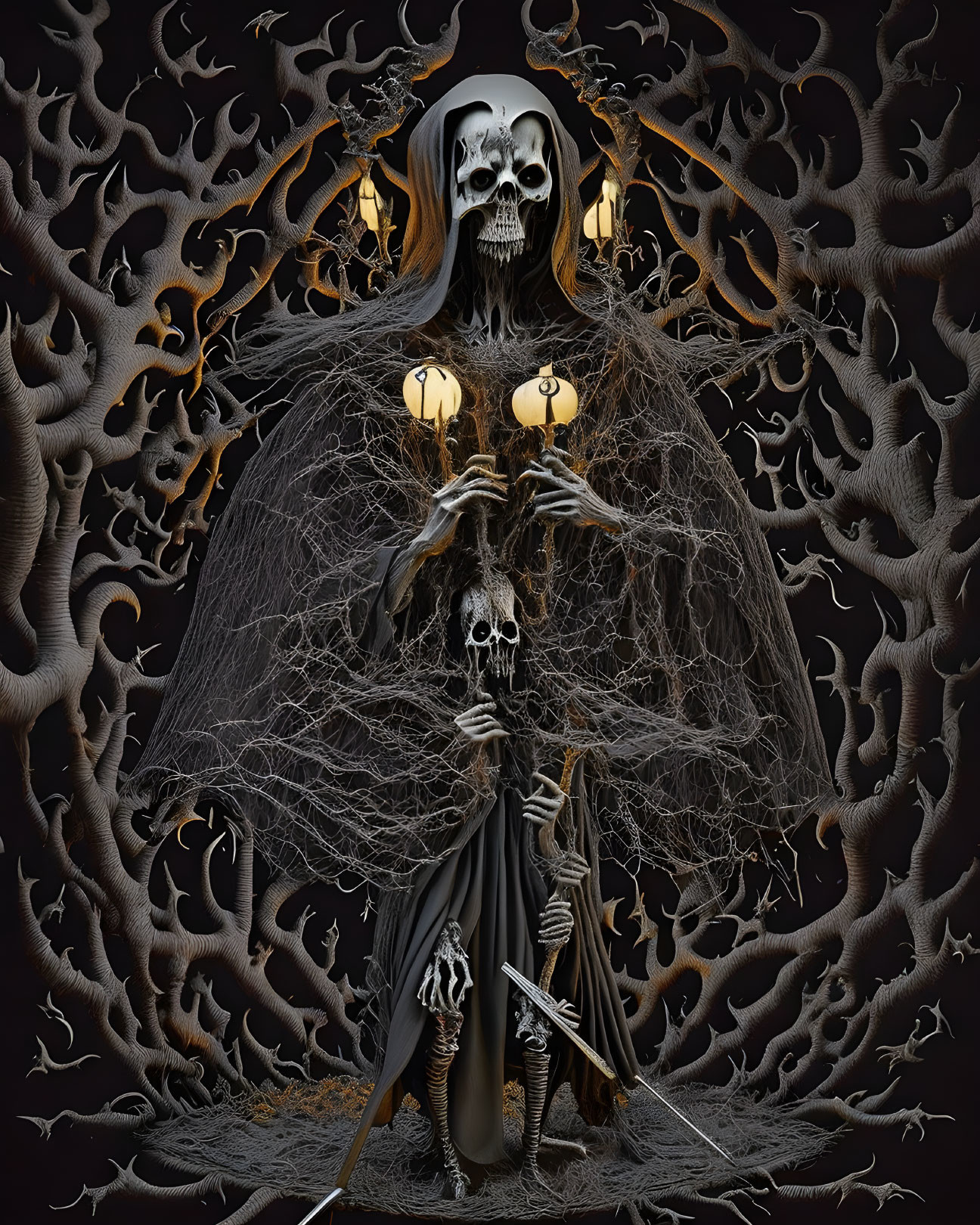 Skull-faced grim reaper with scythe and lantern in eerie setting