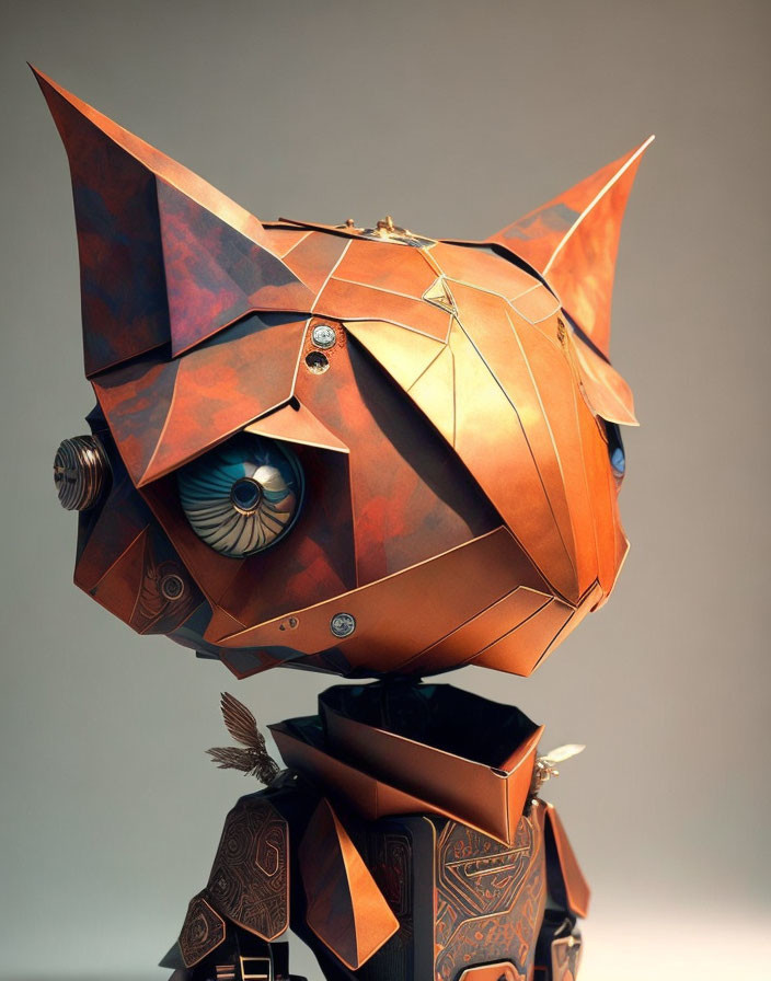 Geometric owl head sculpture with blue eyes on humanoid figure