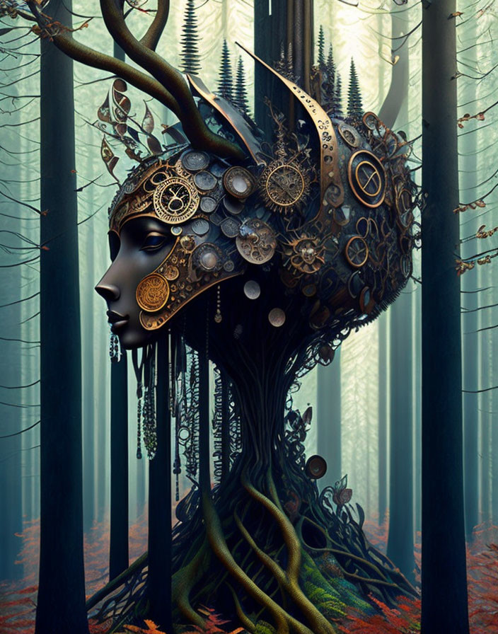 Surreal steampunk portrait with mechanical head and antlers in misty forest