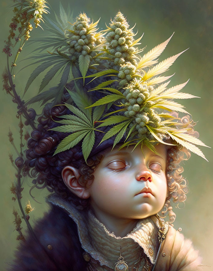 Child with closed eyes wearing cannabis crown on green background