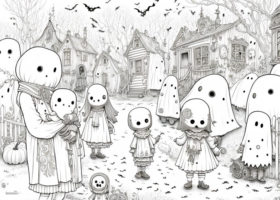 Whimsical ghost family in quaint town with bats