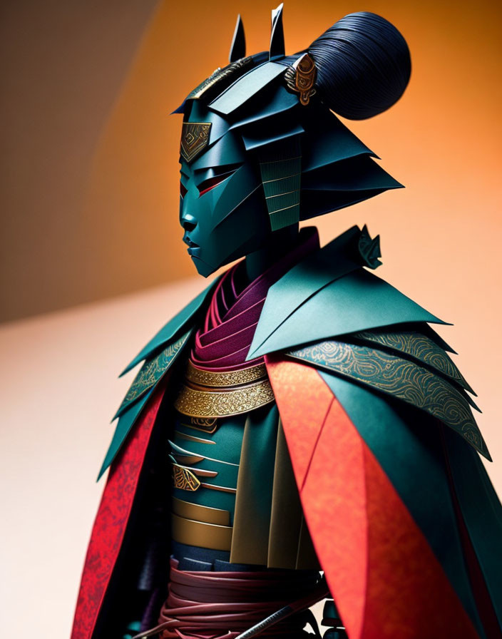 Elaborate Samurai Armor with Bold Colors on Orange Background