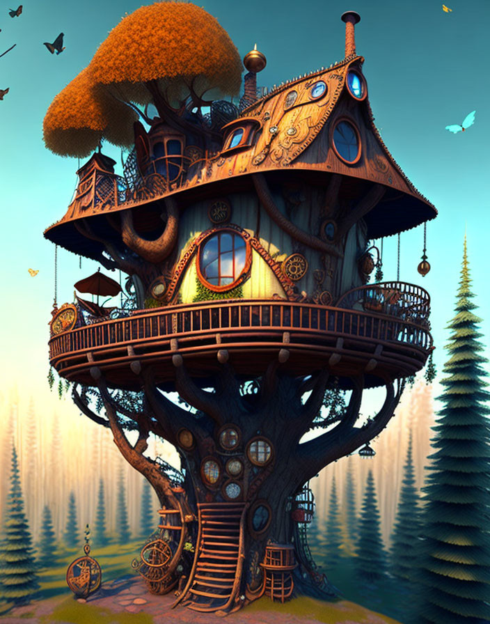 Whimsical treehouse with round windows and bicycle in misty forest