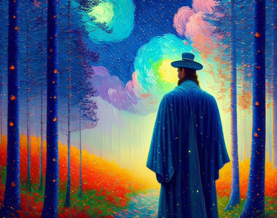 Person in Blue Cloak Stands in Vivid Forest with Van Gogh-esque Sky