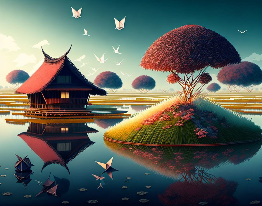 Tranquil digital art of Japanese island with traditional structure