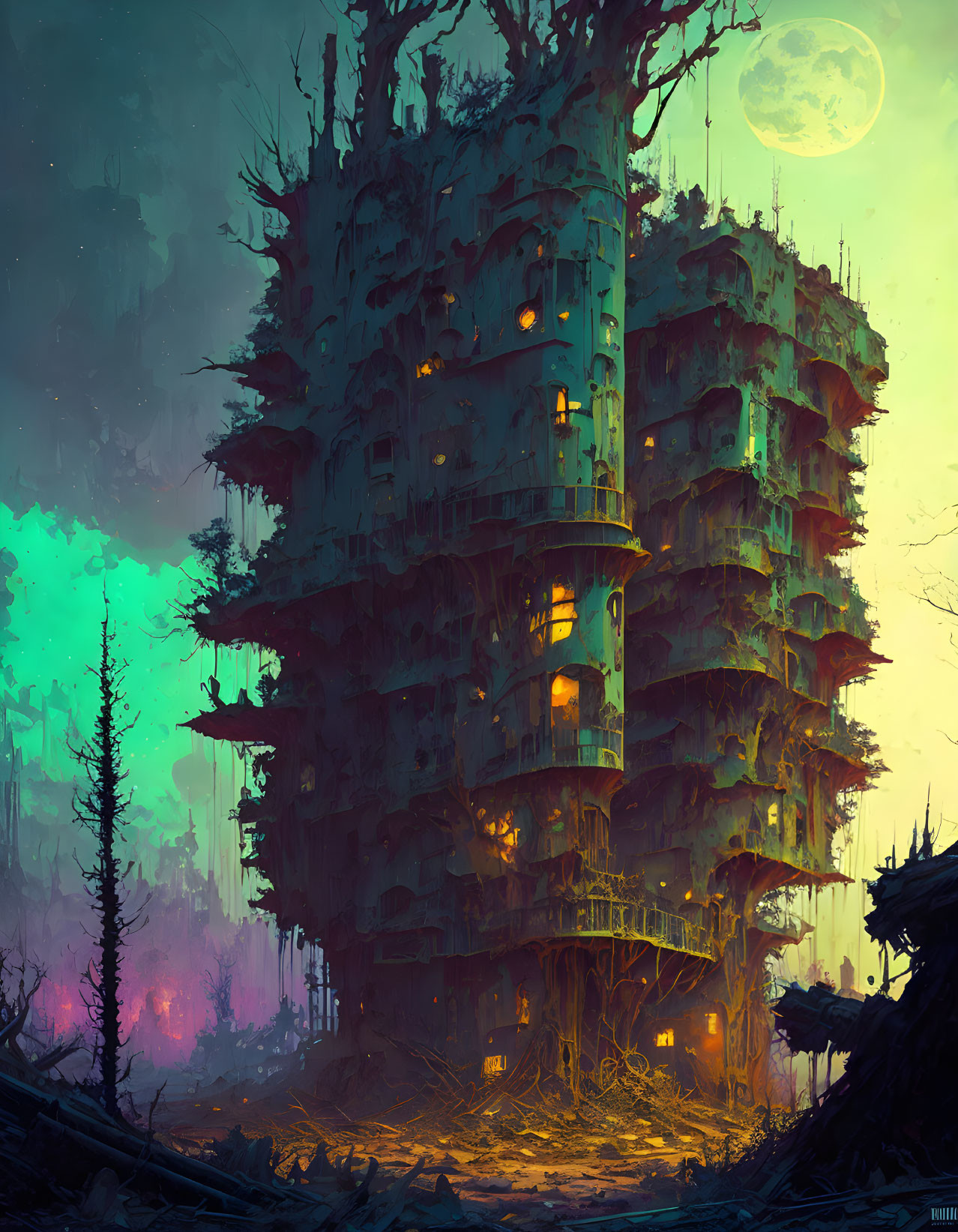 Multistory treehouse in mystical twilight setting