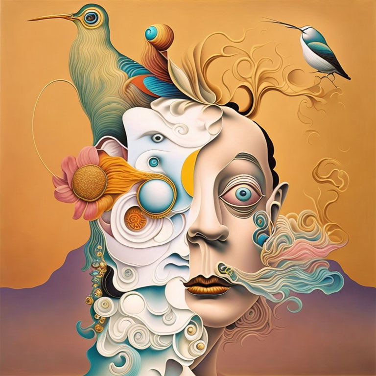 Surreal portrait with multiple eyes, faces, birds, flower, and swirling elements