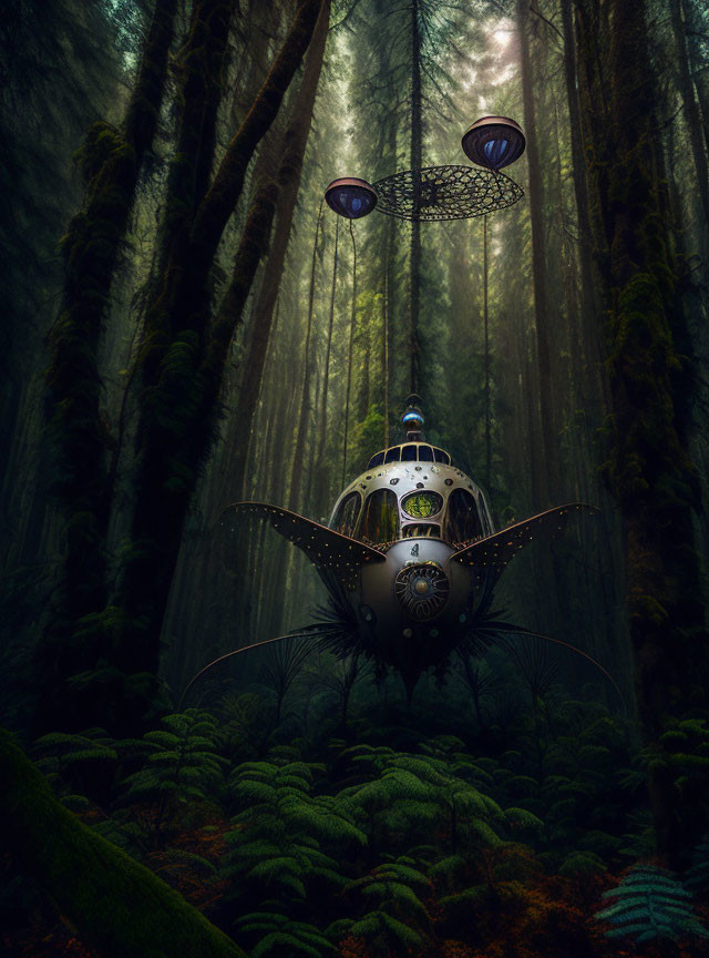 Steampunk airship with gears and propellers lands in misty forest