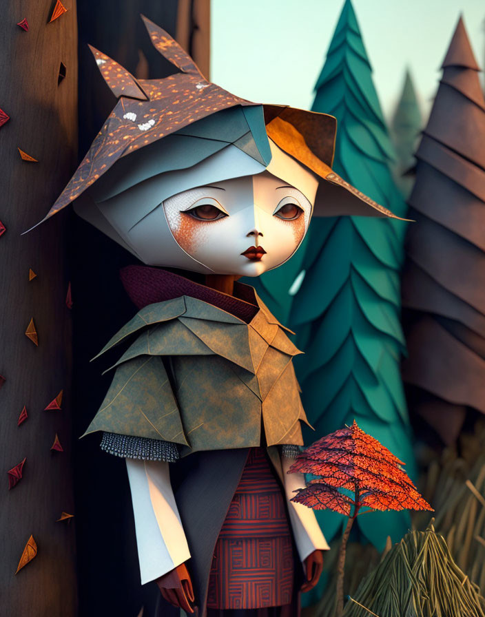 Origami-style character with orange umbrella in 3D illustration