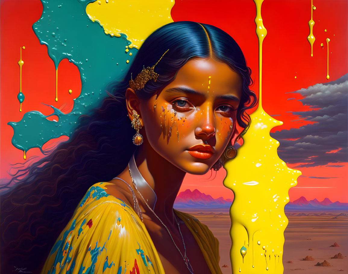 Woman portrait with blue and yellow paint drips on red sky desert background