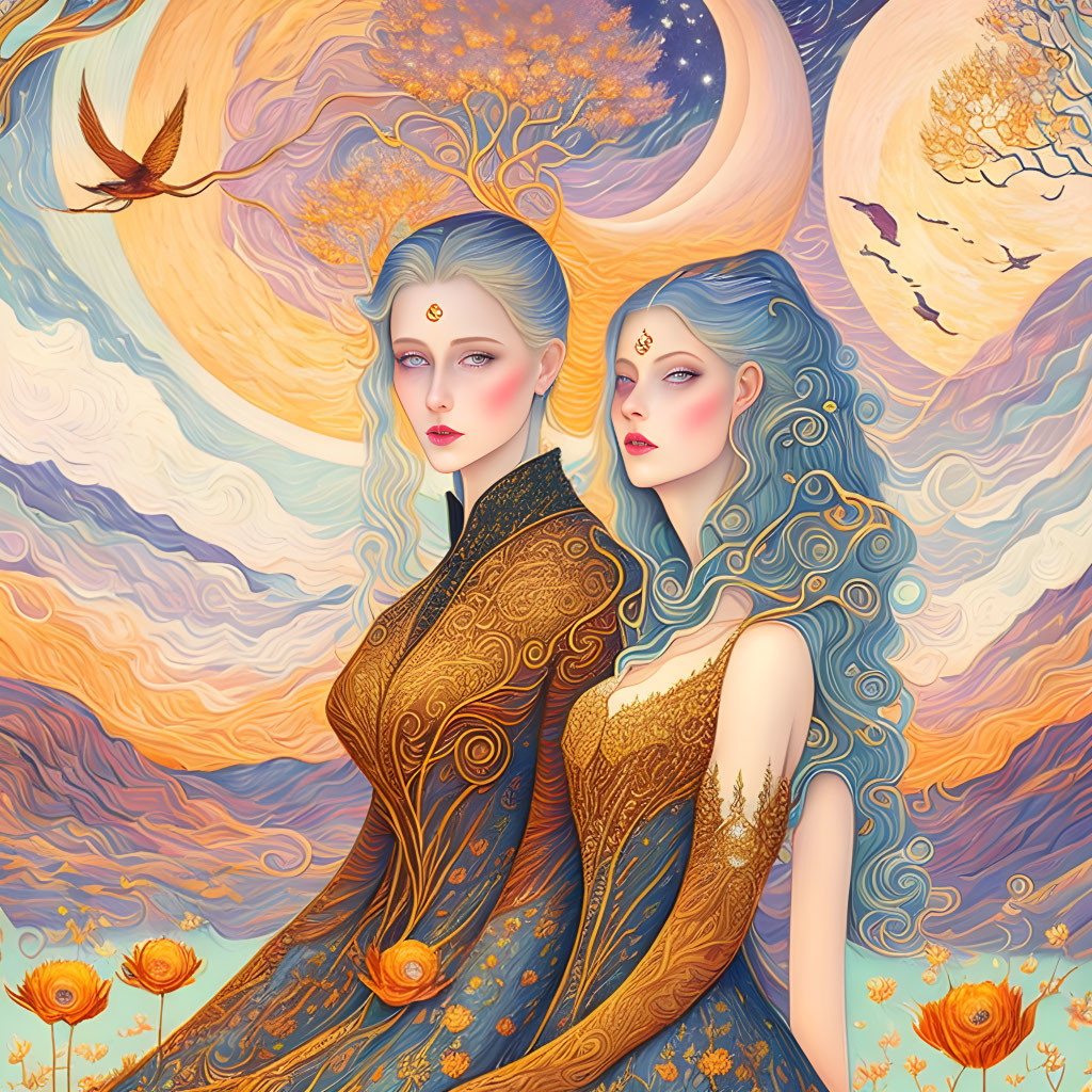 Stylized ethereal women with ornate clothing in moonlit scene