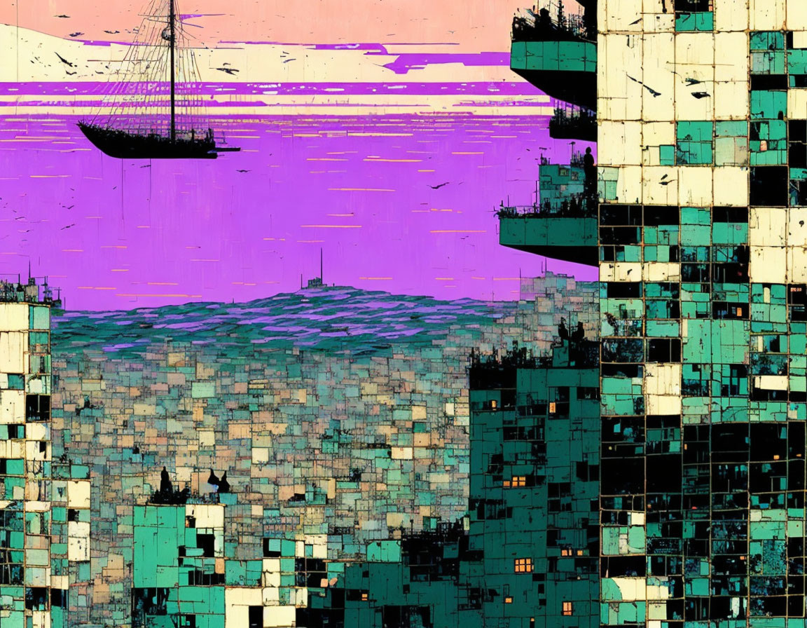 Vibrant seascape with sailboats and pixelated city skyline in purple, blue, and green