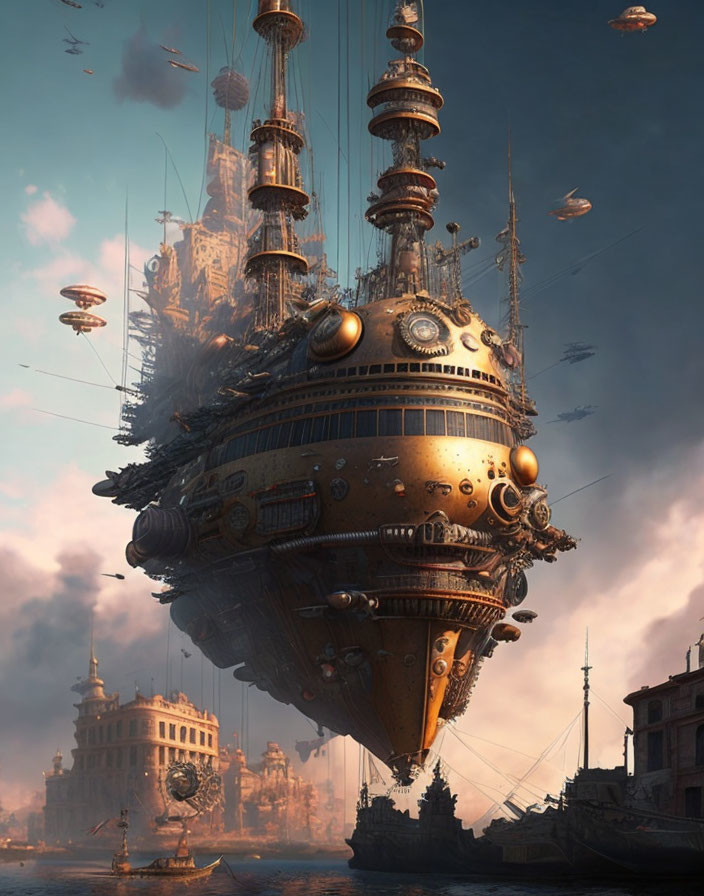 Steampunk-style floating city on spherical airship with flying vessels in cloudy sky