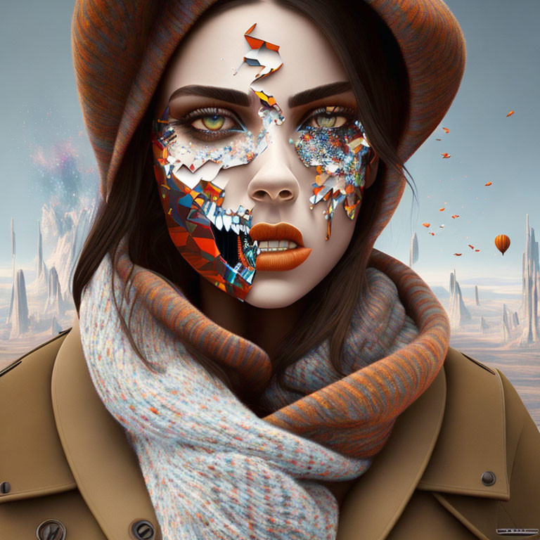 Digital artwork: Woman's face breaking away to reveal surreal landscape