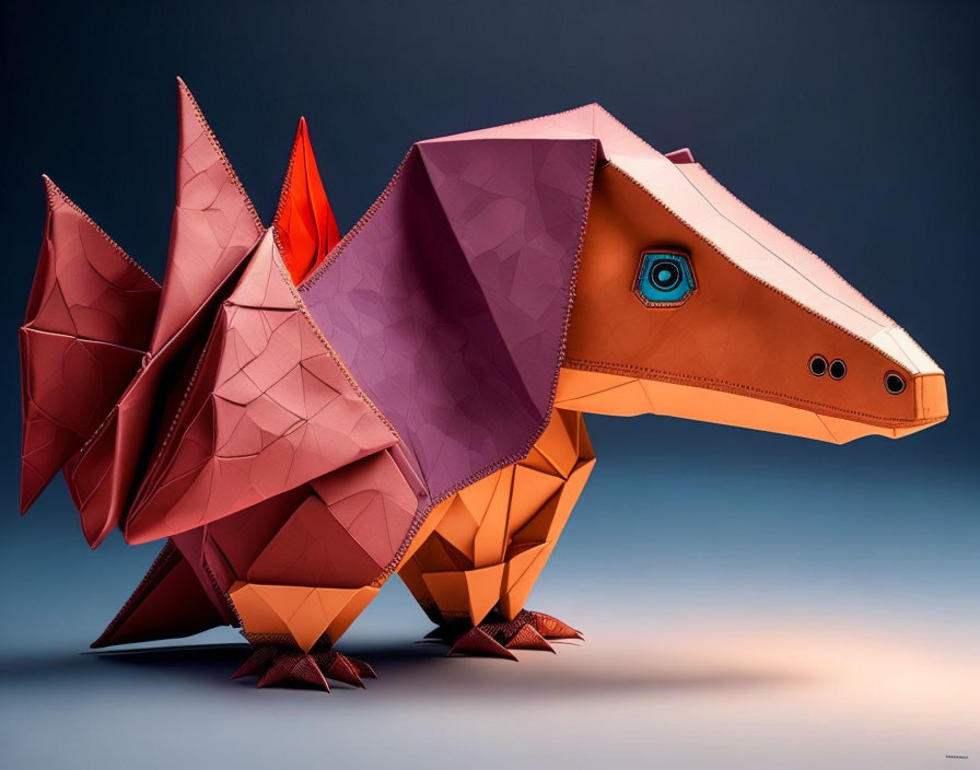 Vibrant Origami Dinosaur in Orange and Purple on Blue Gradient