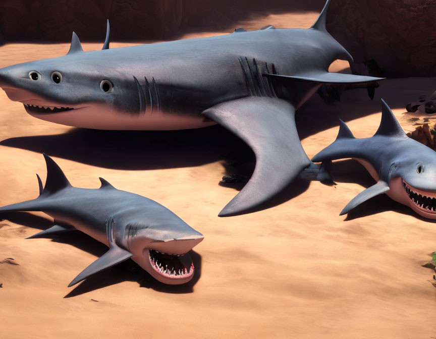 Exaggerated animated sharks in sandy desert scene