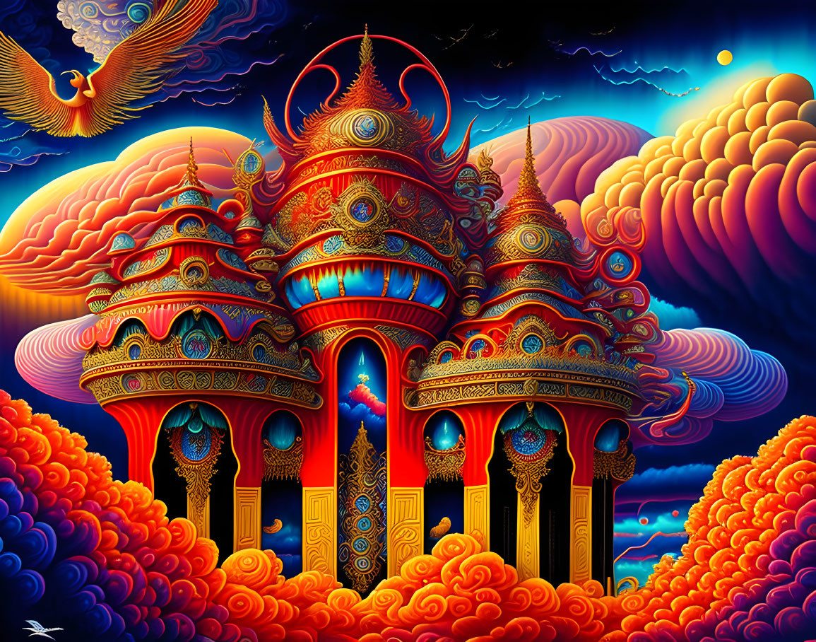 Fantastical palace artwork with ornate towers and celestial elements