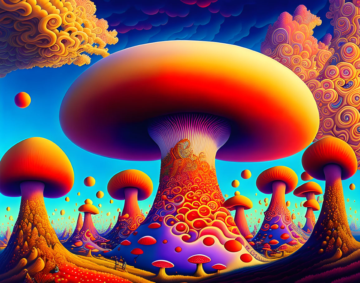 Colorful psychedelic mushroom art with intricate patterns under surreal sky.