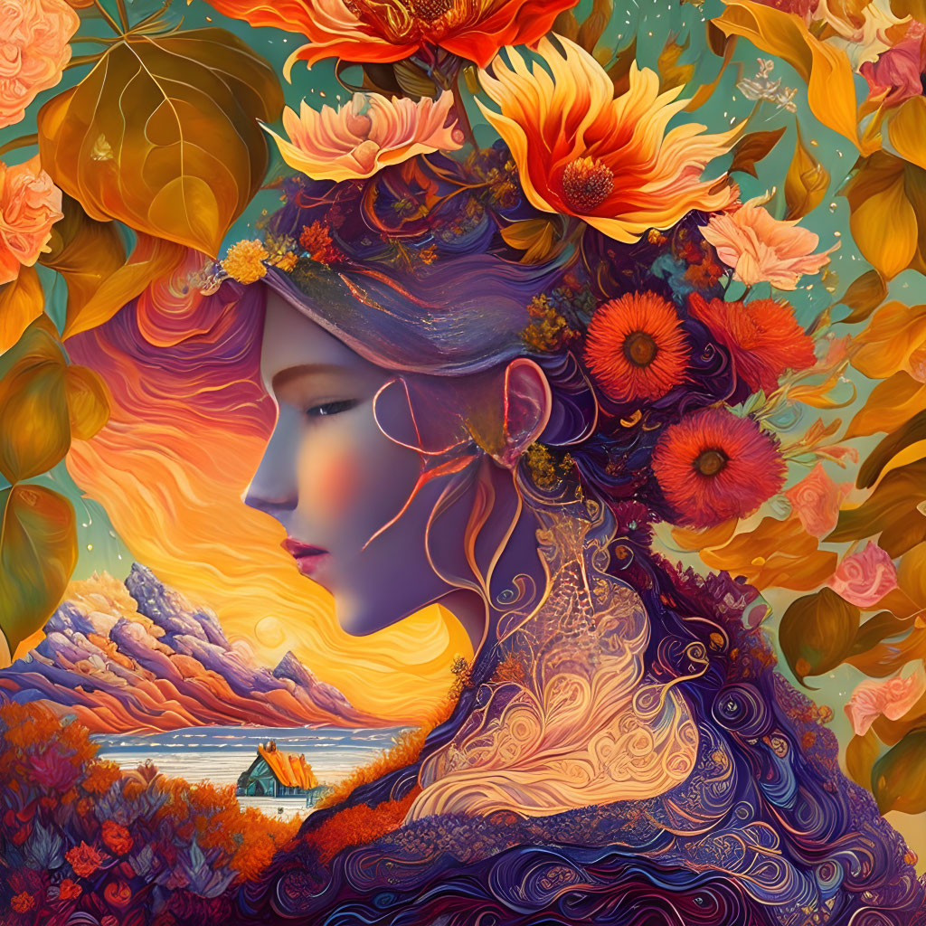 Colorful Woman's Profile Surrounded by Nature and Sunset Sky