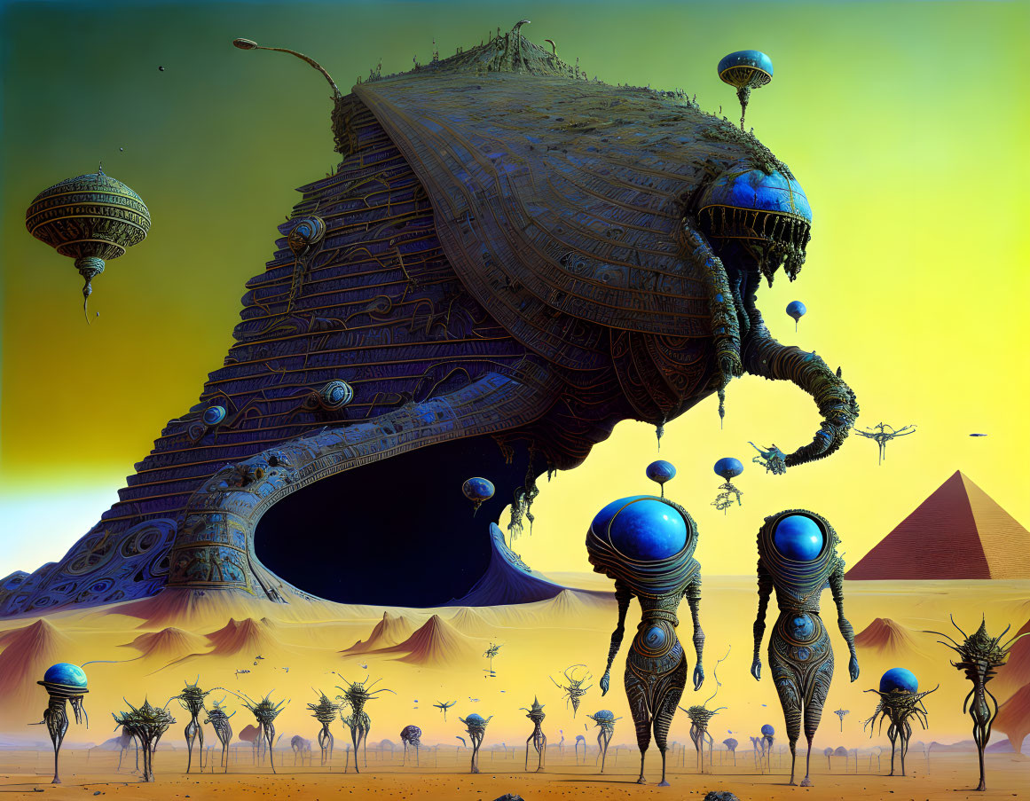 Futuristic desert landscape with alien sandcrawler, floating ships, robots, pyramids