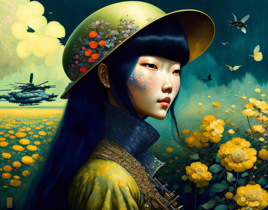 Asian woman adorned with vibrant flowers, surrounded by monochrome butterflies and military tanks.