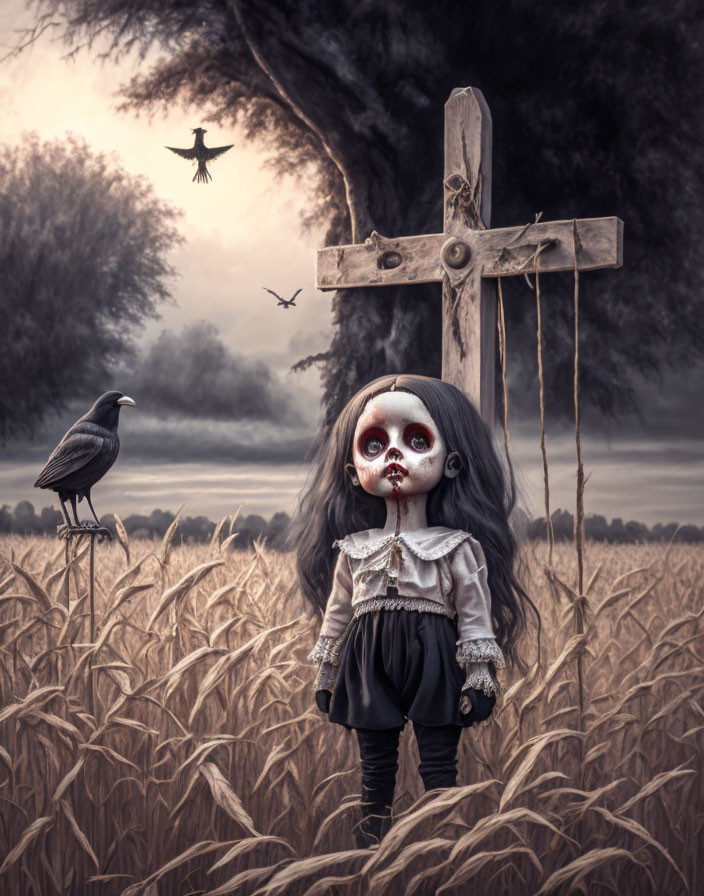 Creepy doll with large eyes in wheat field with crows and wooden cross