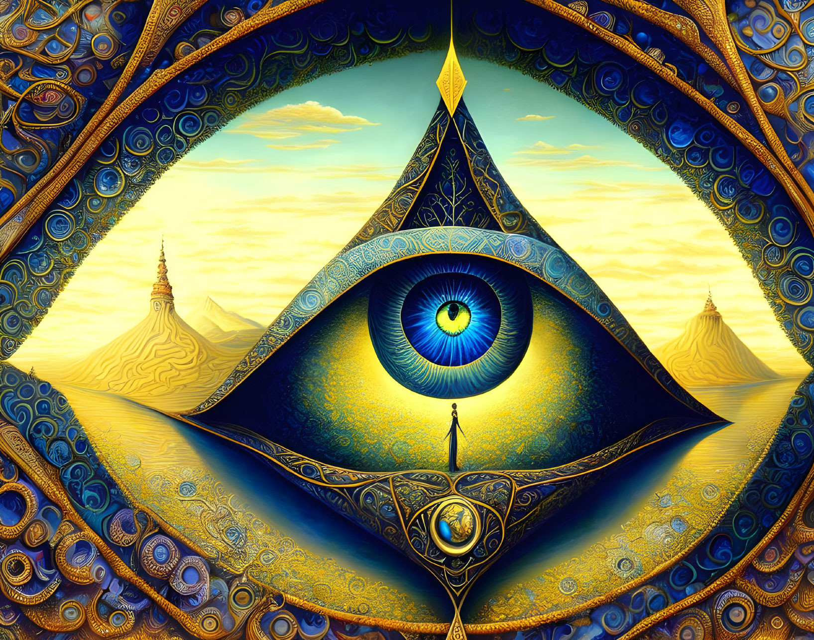 Surreal illustration of giant eye, figure, and pyramids in golden landscape