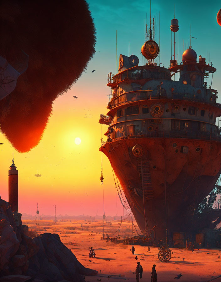 Desert landscape with floating ship, surreal planets, and setting sun