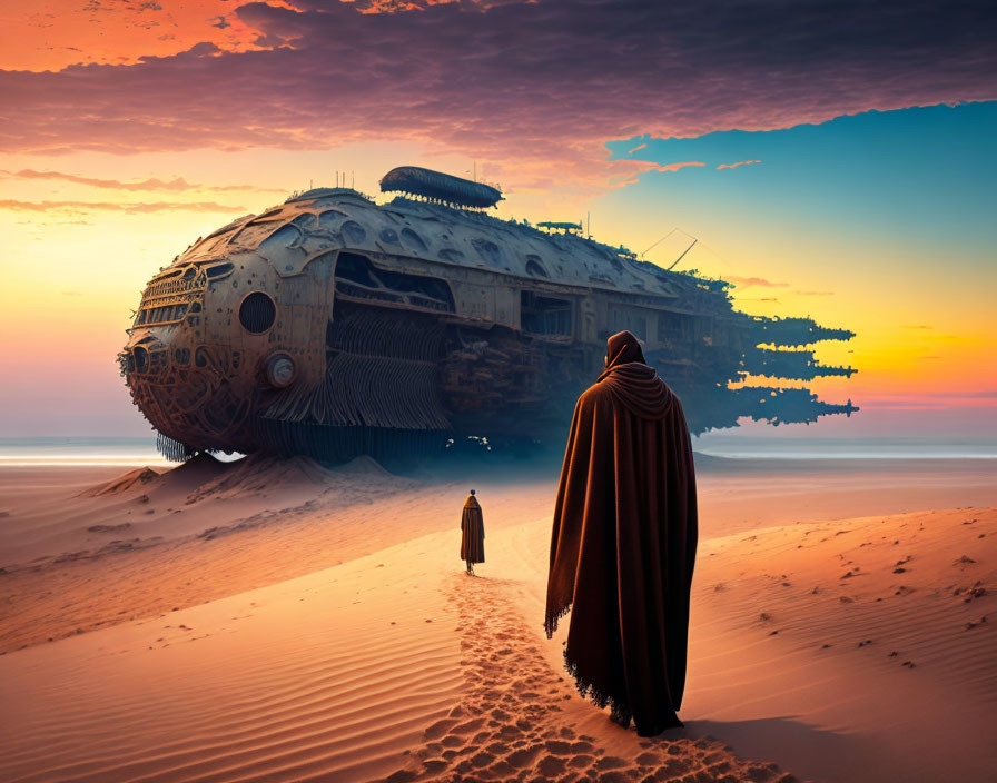 Cloaked figure and droid by stranded spaceship at sunrise