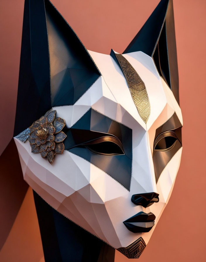 Stylized geometric cat mask with black, white, and gold design