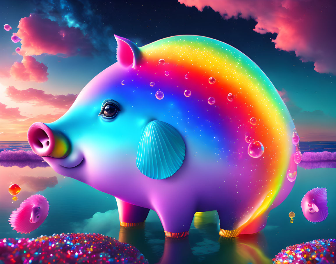 Colorful Pig Illustration in Fantastical Landscape