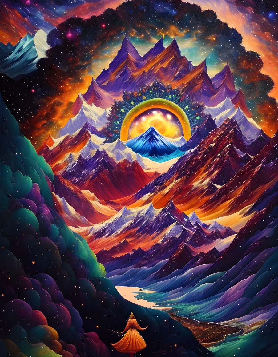 Colorful Surrealist Landscape with Eye-Shaped Portal & Shooting Star