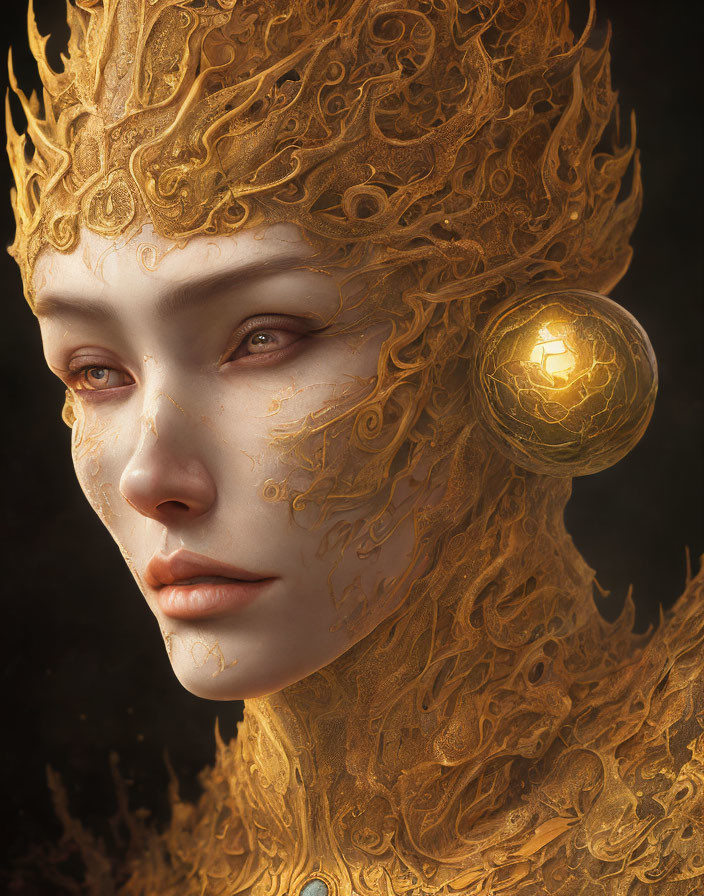 Detailed digital portrait of a woman in ornate golden headpiece and armor with glowing orb.