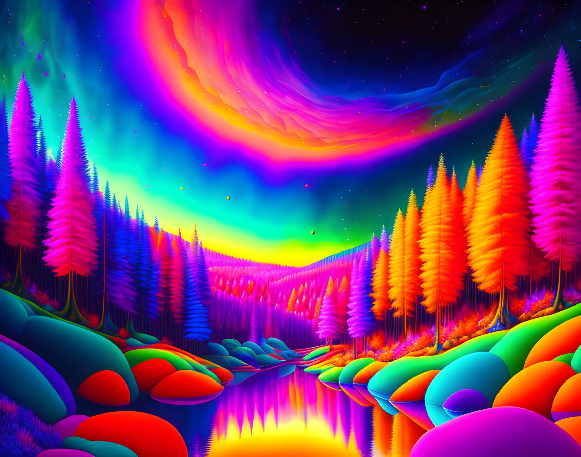 Colorful psychedelic forest with luminous sky & rainbow hues