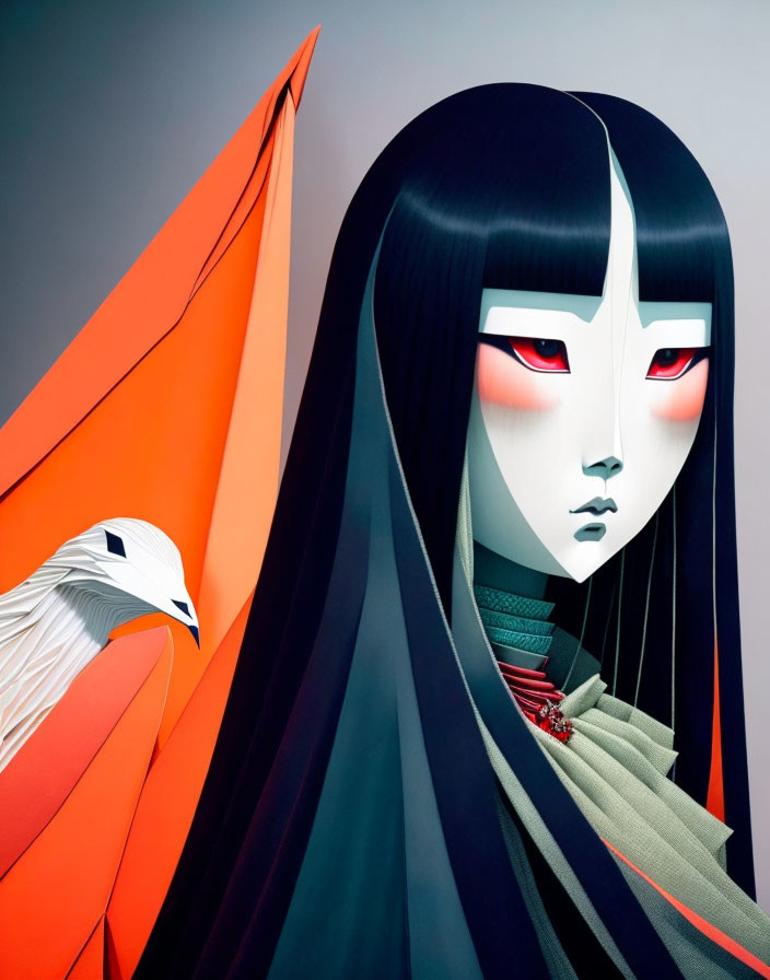 Character with Long Black Hair and Red Eyes in Traditional Robes with Abstract Bird - Stylized Illustr