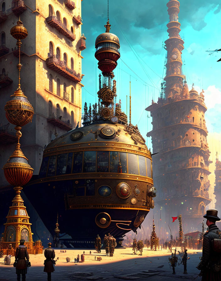 Steampunk cityscape with flying ship, spires, and period attire people