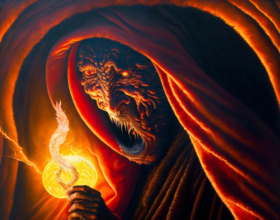 Sinister figure in red cloak with flaming object and fiery aura