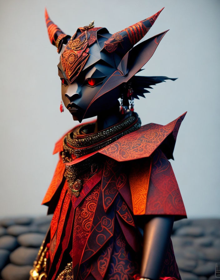 Detailed Dragon-Like Figure with Red and Black Patterns