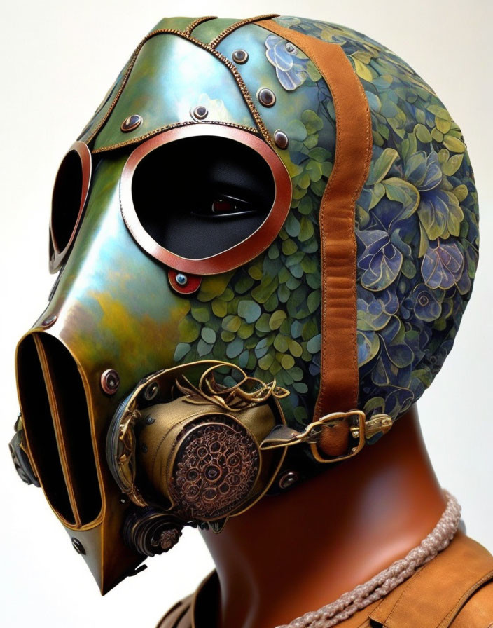 Steampunk-style metallic floral mask with goggles on neutral background