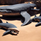 Exaggerated animated sharks in sandy desert scene